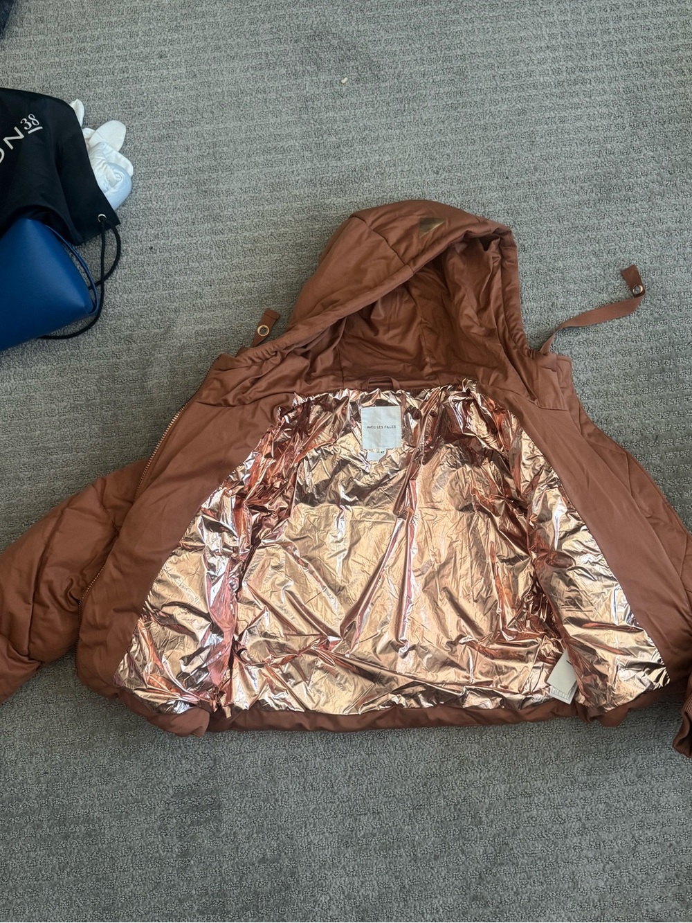 Avec Les Filles Brown Puffer Jacket with Metallic Rose-Gold Lining